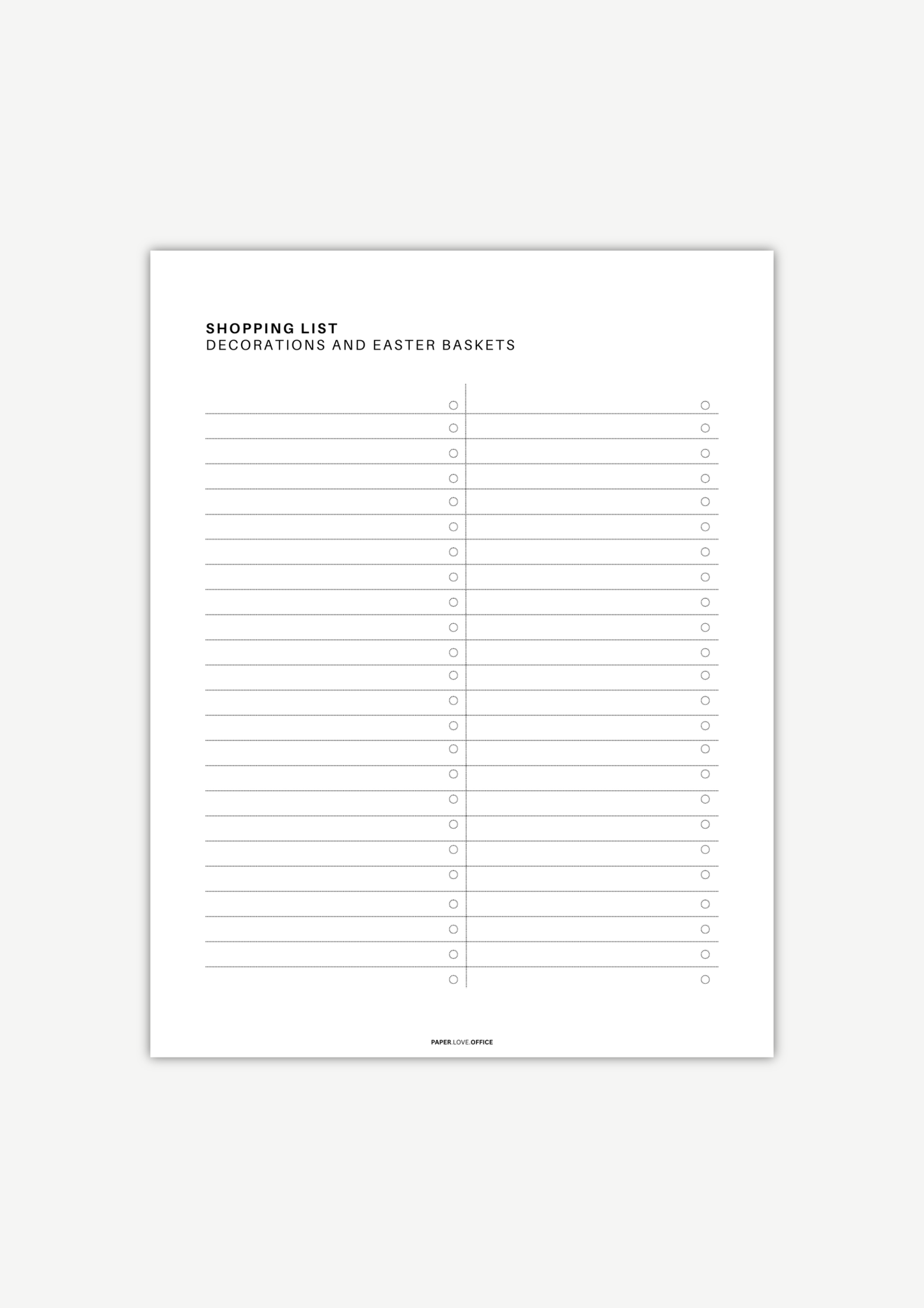 Minimalist black-and-white Easter planner shopping list page for decorations, featuring a clean layout with space to organize Easter decor, craft supplies, and festive items for celebration planning.