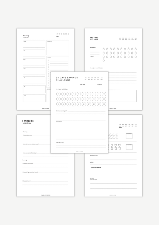Calm Mom Reset Bundle printable planner set with weekly planner, savings challenge, self care planner and journal pages for moms digital download