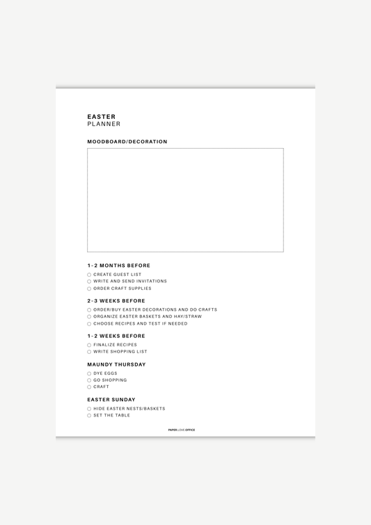 Minimalist black-and-white Easter planner worksheet with sections for mood board and decor ideas, plus a structured checklist timeline from 1–2 months before Easter to Easter Sunday, including tasks like creating a guest list, sending invitations, planning recipes, crafting decorations, dyeing eggs, and setting the table.