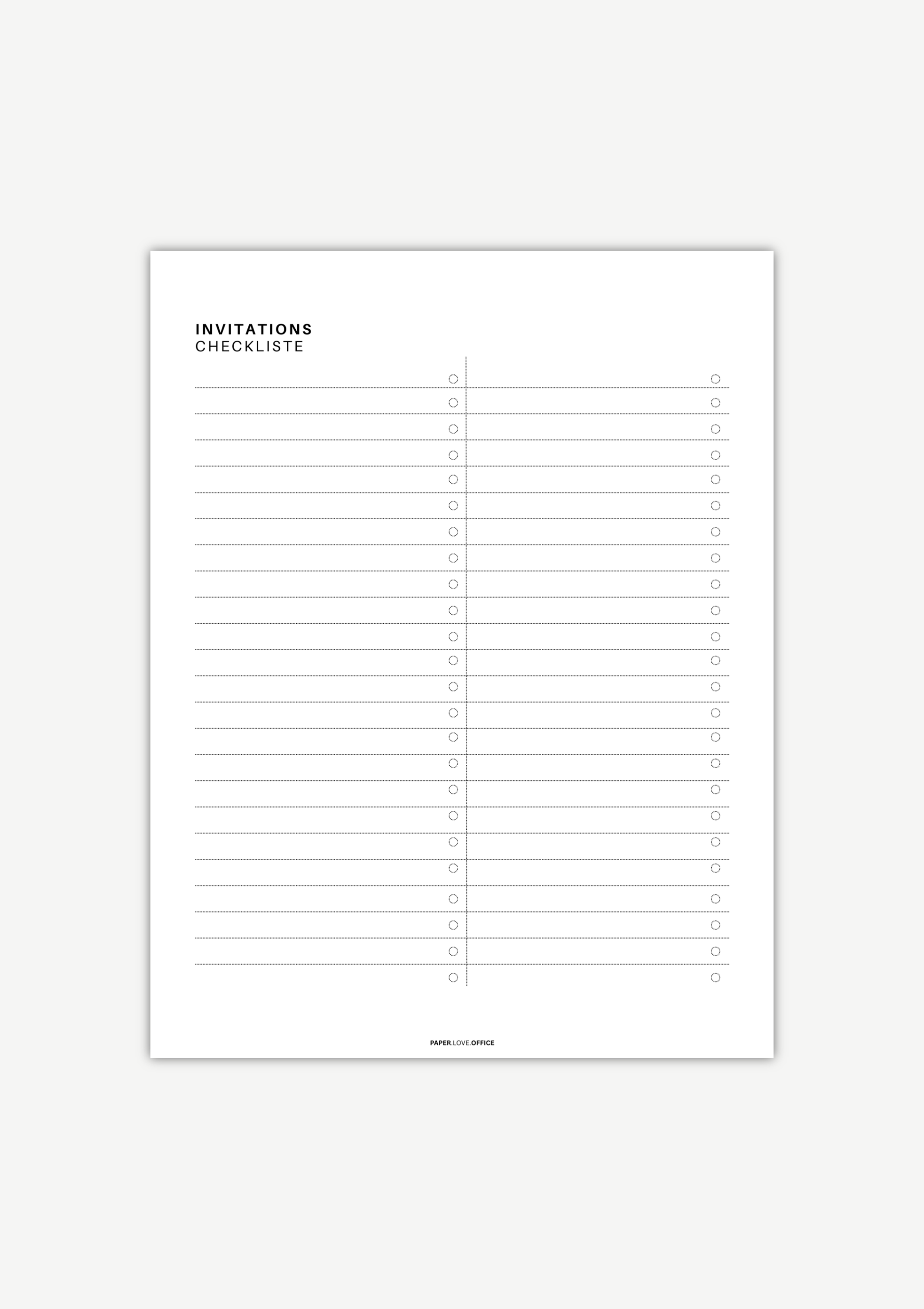 Minimalist black-and-white Easter planner invitations checklist page with a clean layout for organizing guest lists, writing and sending invitations, tracking RSVPs, and noting invitation details.