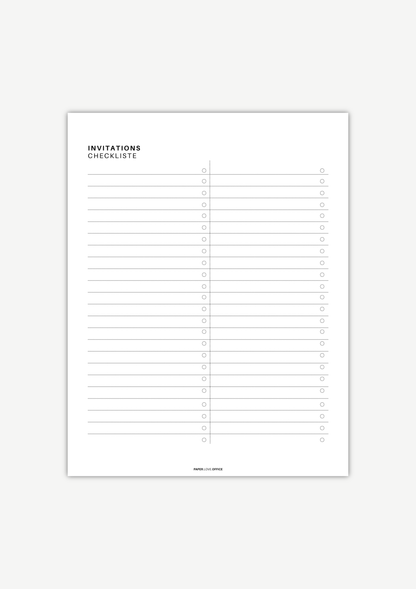 Minimalist black-and-white Easter planner invitations checklist page with a clean layout for organizing guest lists, writing and sending invitations, tracking RSVPs, and noting invitation details.