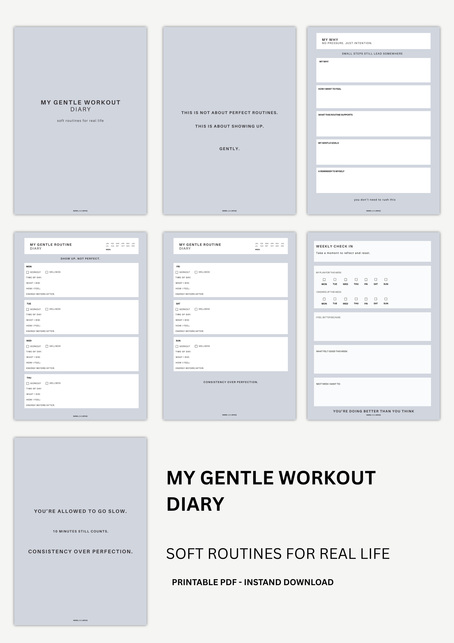 Minimalist gentle workout diary PDF with weekly planner, soft routine tracking pages and motivational quotes for mindful fitness, pilates and wellness