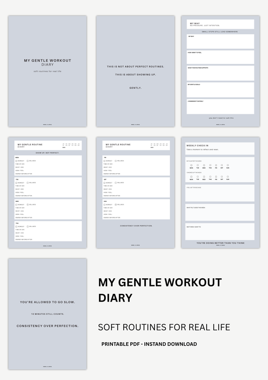 Minimalist gentle workout diary PDF with weekly planner, soft routine tracking pages and motivational quotes for mindful fitness, pilates and wellness