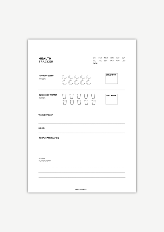 Health Tracker zur täglichen Gesundheitsplanung – Schlaf, Trinken, Bewegung und Stimmung übersichtlich festhalten