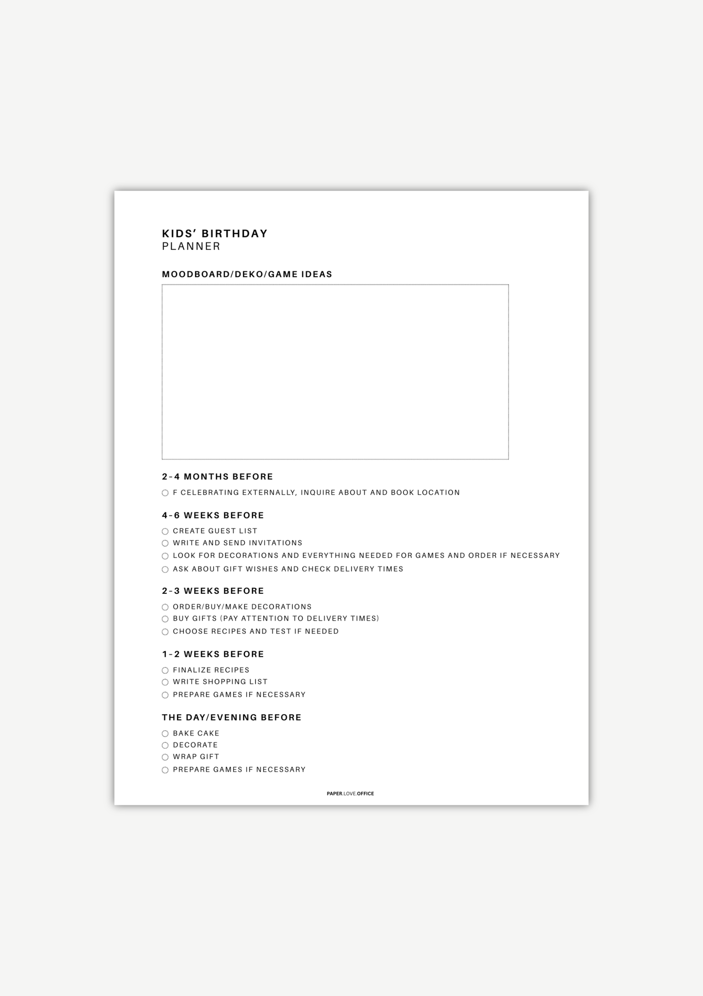 Minimalist black-and-white kids birthday planner worksheet with a clean layout, including sections for mood board, decor and game ideas, and a detailed timeline checklist from months before the party to the day before, covering invitations, gifts, food, decorations, and party preparation.