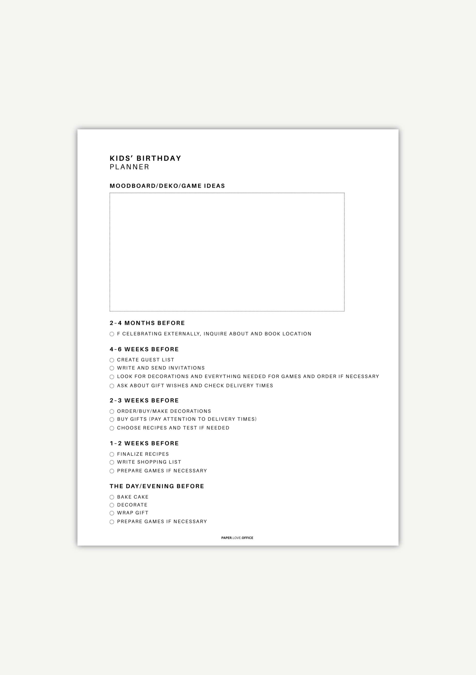 Minimalist black-and-white kids birthday planner worksheet with a clean layout, including sections for mood board, decor and game ideas, and a detailed timeline checklist from months before the party to the day before, covering invitations, gifts, food, decorations, and party preparation.