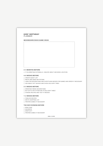 Minimalist black-and-white kids birthday planner worksheet with a clean layout, including sections for mood board, decor and game ideas, and a detailed timeline checklist from months before the party to the day before, covering invitations, gifts, food, decorations, and party preparation.