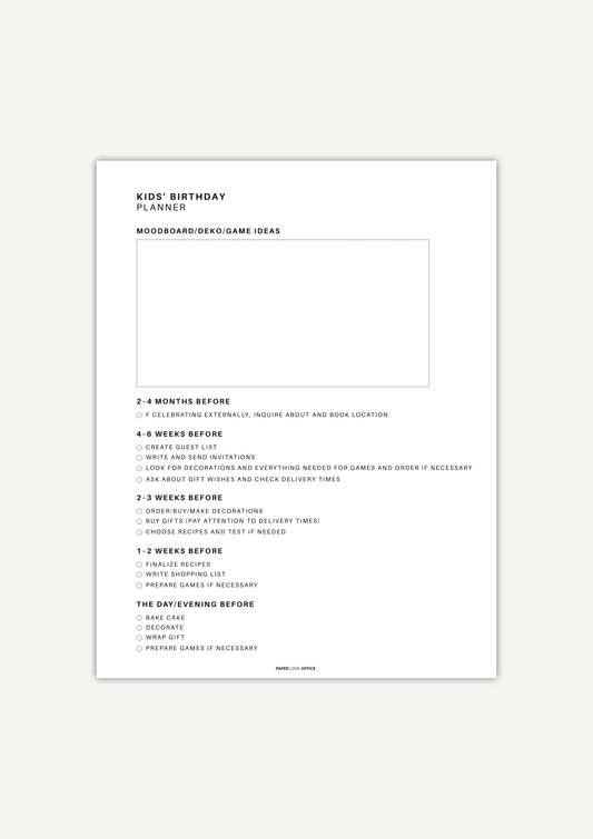 Minimalist black-and-white kids birthday planner worksheet with a clean layout, including sections for mood board, decor and game ideas, and a detailed timeline checklist from months before the party to the day before, covering invitations, gifts, food, decorations, and party preparation.