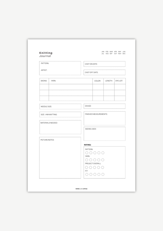 Minimalist knitting journal printable with project planner, yarn tracker and notes section for organizing knitting projects