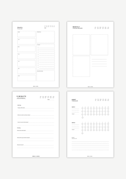 Soft Reset Planner Bundle printable including weekly planner, monthly vision board, 5 minute journal and health tracker – minimal digital download for calm routines and life reset.