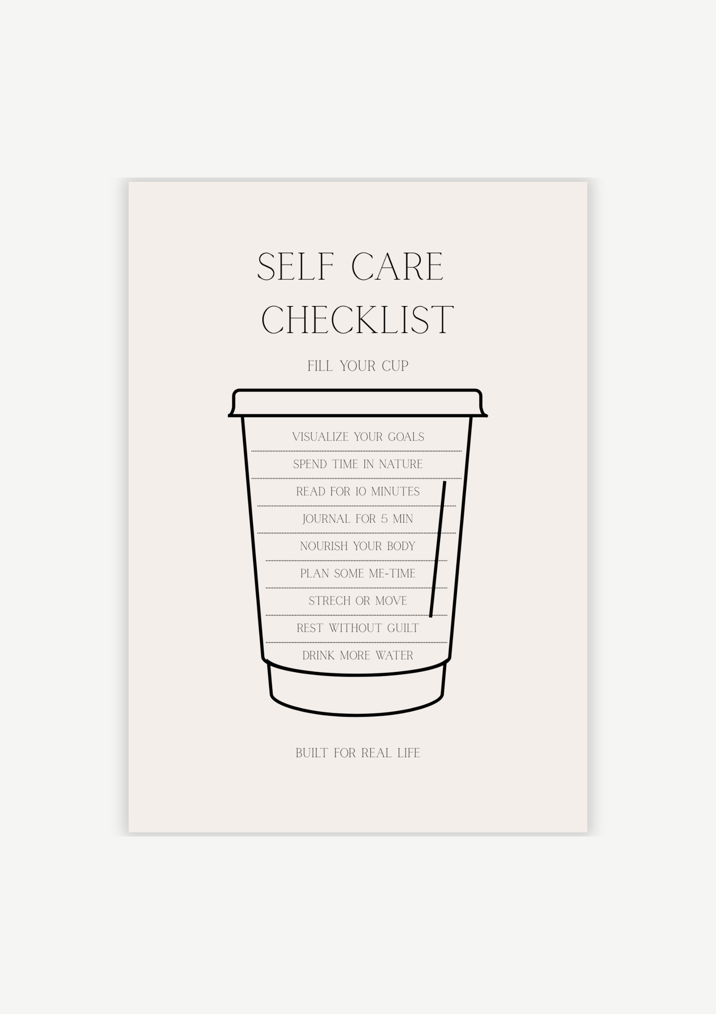 Minimalist self care checklist printable with coffee cup illustration and wellness habits like journaling, hydration, movement, and rest, neutral beige aesthetic design