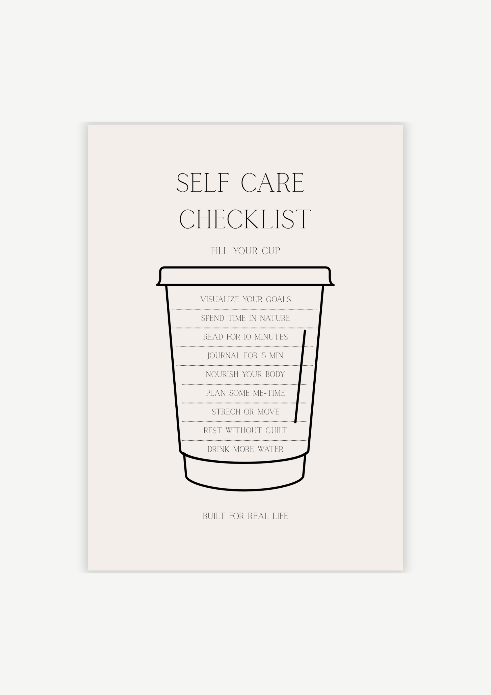 Minimalist self care checklist printable with coffee cup illustration and wellness habits like journaling, hydration, movement, and rest, neutral beige aesthetic design