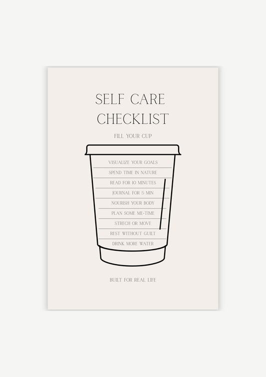 Minimalist self care checklist printable with coffee cup illustration and wellness habits like journaling, hydration, movement, and rest, neutral beige aesthetic design
