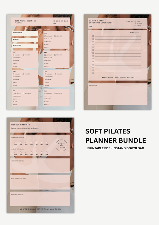 Soft Pilates planner bundle with weekly workout planner, daily exercise checklist and weekly reflection tracker in neutral aesthetic design for home workouts
