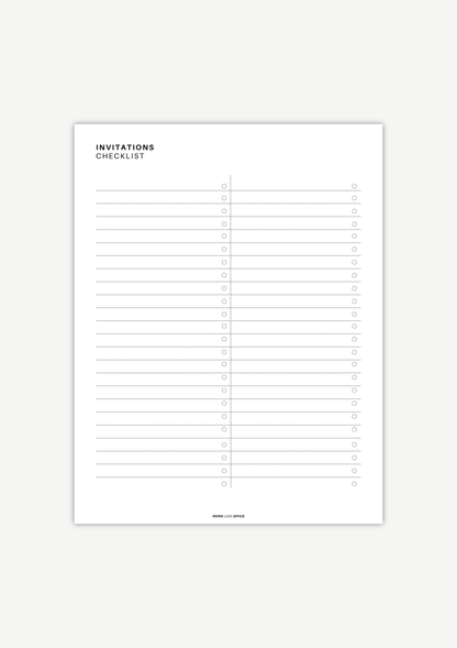 Minimalist black-and-white kids birthday planner invitation checklist page with a clean layout for organizing guest lists, sending invitations, tracking RSVPs, and managing party invitation details.