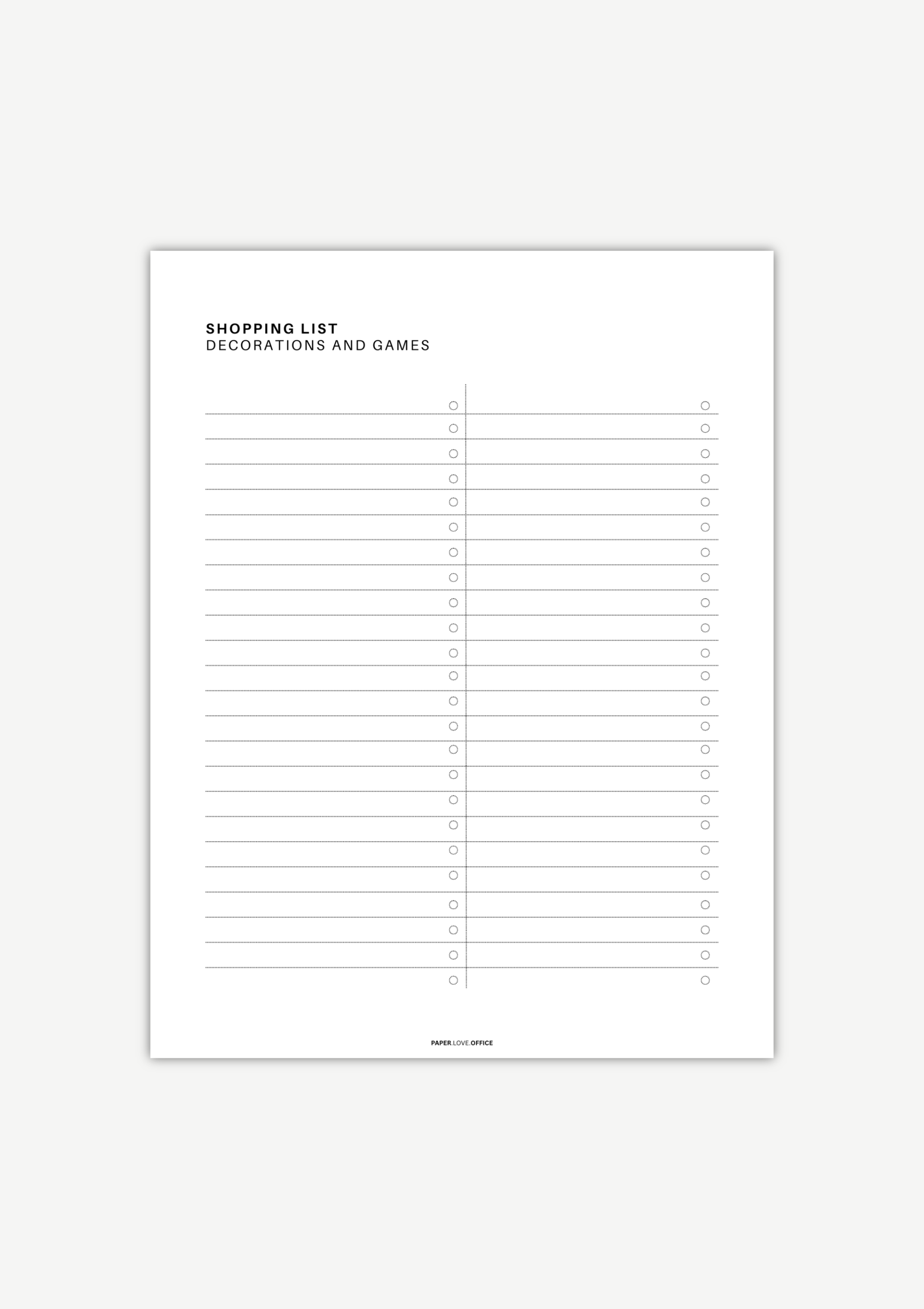 Minimalist black-and-white kids birthday planner shopping list page for decorations, featuring a clean layout with space to organize party decor, supplies, and festive items for birthday celebration planning.