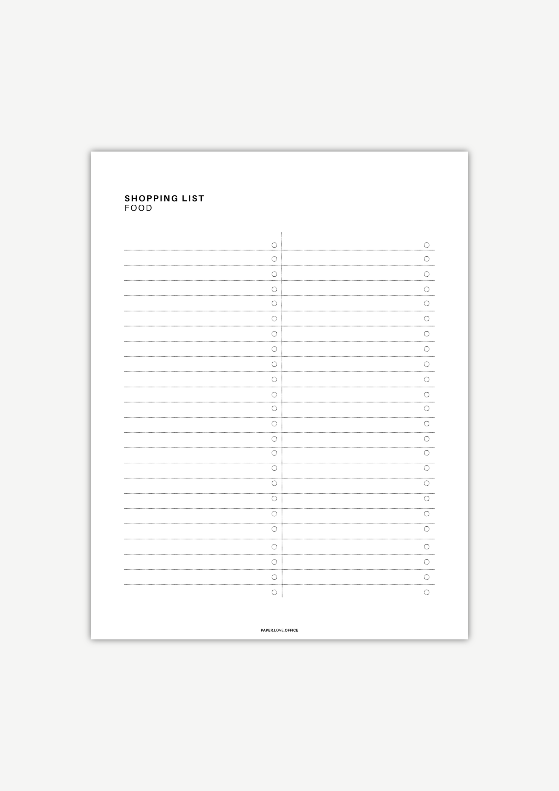 Minimalist black-and-white kids birthday planner shopping list page for food, featuring a clean layout with space to organize groceries, snacks, drinks, cake ingredients, and party meal planning.